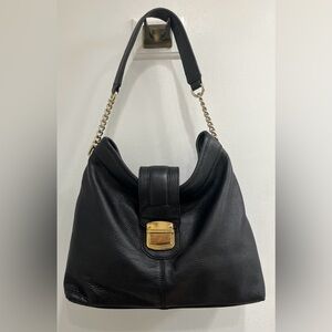 Calvin Klein Black Leather Shoulder Bag with Gold Accents